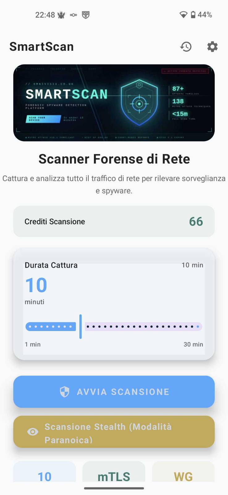 SmartScan Android Home Screen — Scanner Forense di Rete