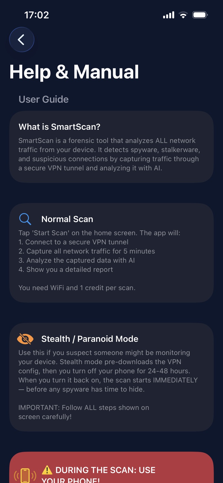 SmartScan iOS Help & Manual — User Guide, Stealth Mode