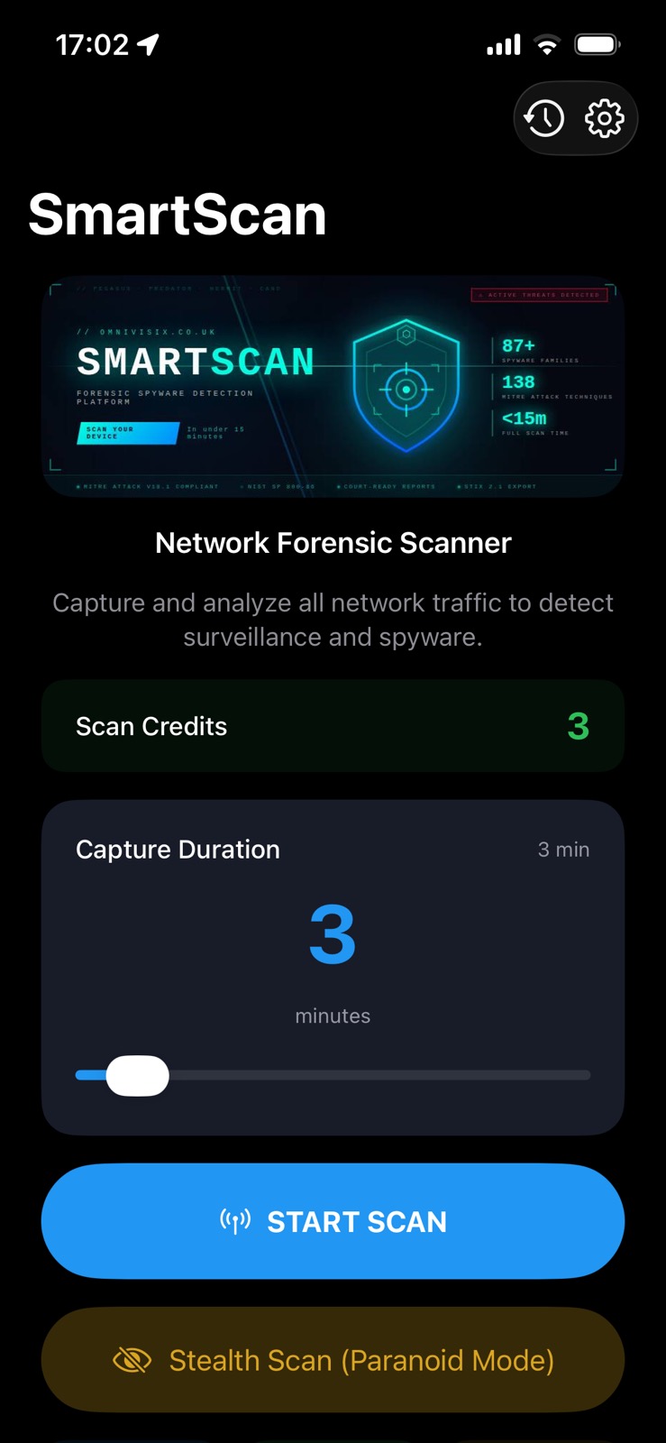 SmartScan iOS Home Screen — Start Scan, Stealth Mode, Capture Duration